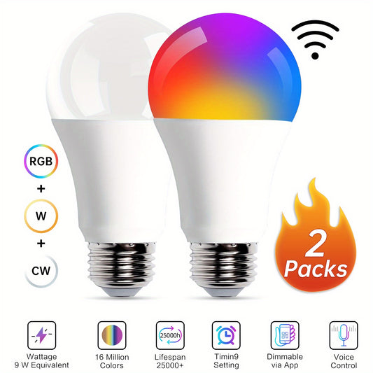 Pack of 2/4/6/8/10 Intelligent LED RGB+CW Color Changing Bulbs, APP Remote Dual-mode Control, Free Choice of 16 Million Colors - Single White Can Be Cut, 2500k-6500k 800LM 9W, Smart Voice Assistant Control, 29 Preset Modes, 9