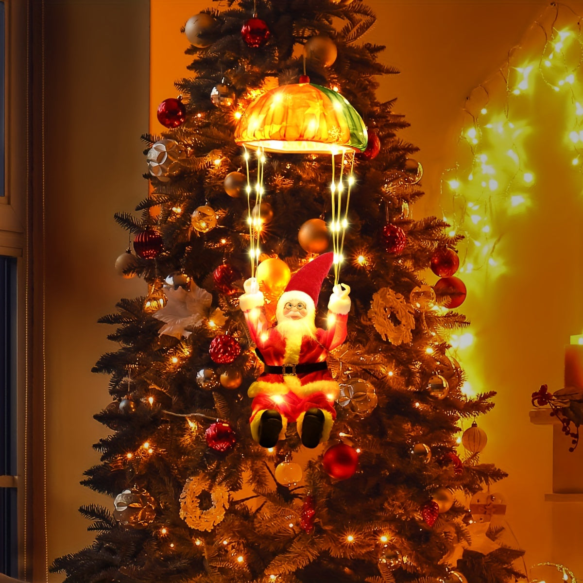 8 Modes Christmas Parachute Lights With Santa Claus, Hanging Red & Green Xmas Lights For Indoor Eave Balcony Roof - Holiday Decorative Lighting, Christmas Decorations Outdoor