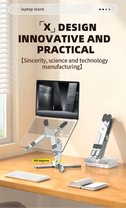 Suport Laptop Pliabil 360° – Aluminiu, Reglabil, Portabil și cu Răcire Deschisă