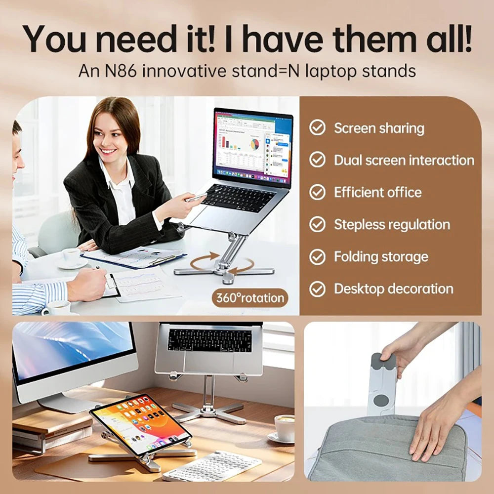 Suport Laptop Pliabil 360° – Aluminiu, Reglabil, Portabil și cu Răcire Deschisă