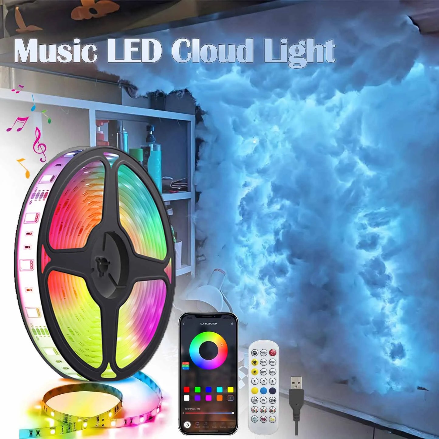 Lumină LED 3D „Cloud Lightning” – 32ft, Bluetooth, Voice Control & Telecomandă