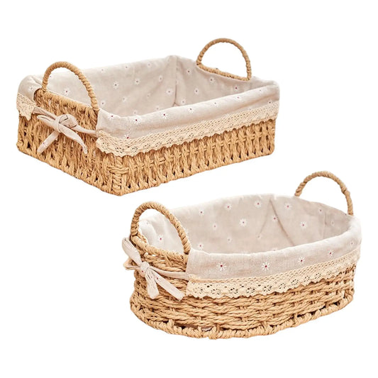 Handwoven WW Storage Baskets with Handles Kitchen Organizer Cosmetic Box for Bedroom Bathroom Breakfast Fruit Decorative Home