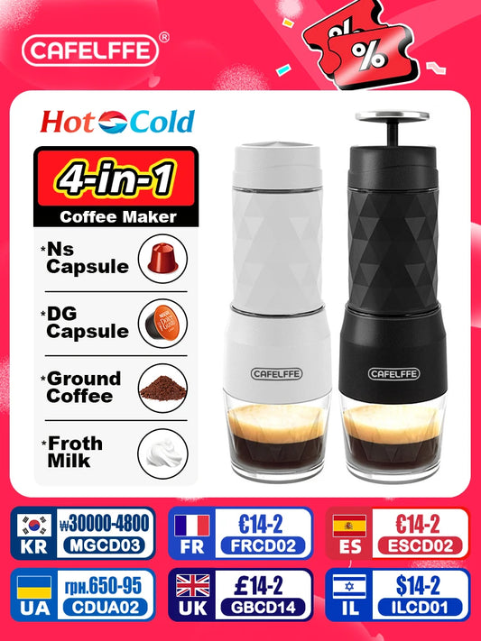 Espresso Maker Portabil 3-în-1 – Capsule & Ground Coffee, Manual Press, Perfect pentru Drumeții