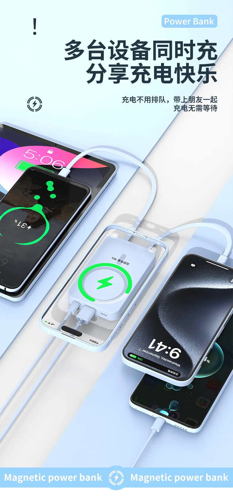 2025 New Magnetic Power Bank Three-In-One 20,000 Mah Self-Contained Cable Super Fast Charging Portable Magsafe Power Bank