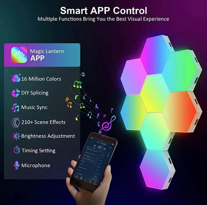 Lumini RGB Hexagonale Smart – Control Touch & Aplicație, Efecte Muzicale